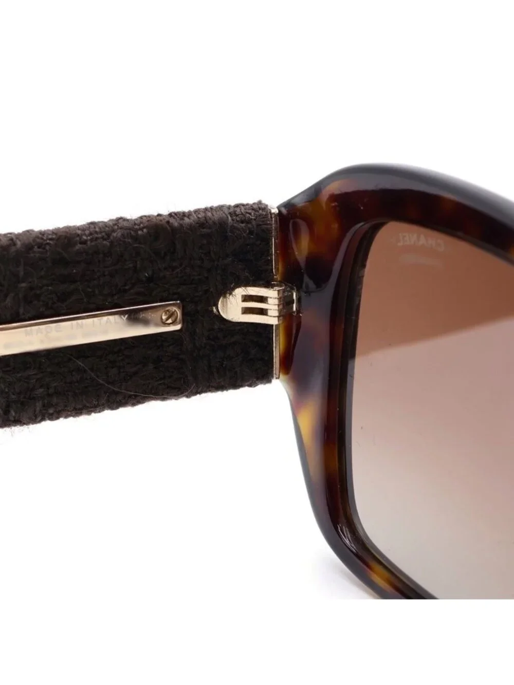 Chanel Square Frame Chain CC Logo Tweed Temple Sunglasses Brown Gold Eyewear